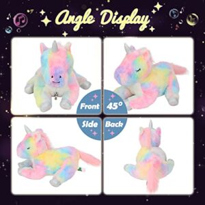 Hopearl LED Musical Stuffed Unicorn Playset Lighting Up Singing Plush Toy Mommy Unicorn with 3 Baby Unicorns in her Tummy Lullaby Animated Soothe for Mom Toddlers Girls, Rainbow, 19''