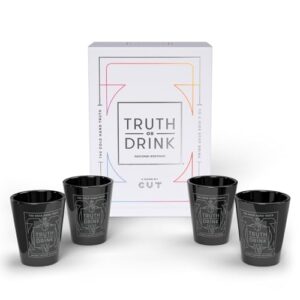 Truth or Drink – Shot Glasses Edition by Cut – Reveal Secrets in Style with Hilarious and Personal Questions, Perfect Adult Game for Party Night (Includes 4 Shot Glasses, 400+ Conversation Starters)