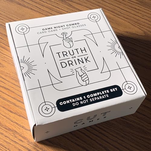 Truth or Drink – Shot Glasses Edition by Cut – Reveal Secrets in Style with Hilarious and Personal Questions, Perfect Adult Game for Party Night (Includes 4 Shot Glasses, 400+ Conversation Starters)