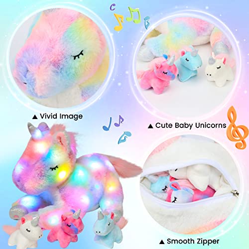 Hopearl LED Musical Stuffed Unicorn Playset Lighting Up Singing Plush Toy Mommy Unicorn with 3 Baby Unicorns in her Tummy Lullaby Animated Soothe for Mom Toddlers Girls, Rainbow, 19''