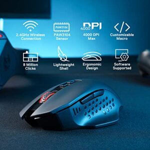 Redragon M656 Gainer Wireless Gaming Mouse, 4000 DPI 2.4Ghz Gamer Mouse w/ 5 DPI Levels, 7 Macro Buttons, Red LED Backlit & Pro Software/Drive Supported, for PC/Mac/Laptop