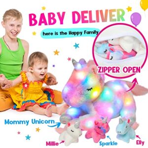 Hopearl LED Musical Stuffed Unicorn Playset Lighting Up Singing Plush Toy Mommy Unicorn with 3 Baby Unicorns in her Tummy Lullaby Animated Soothe for Mom Toddlers Girls, Rainbow, 19''