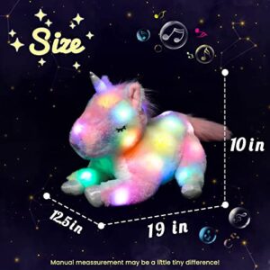 Hopearl LED Musical Stuffed Unicorn Playset Lighting Up Singing Plush Toy Mommy Unicorn with 3 Baby Unicorns in her Tummy Lullaby Animated Soothe for Mom Toddlers Girls, Rainbow, 19''