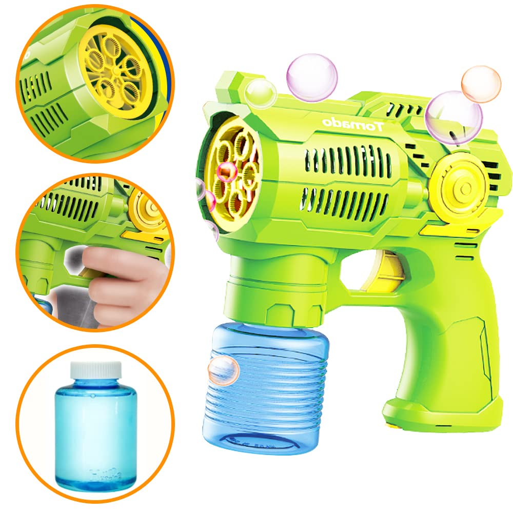 Set of Two Bubble Shooter Guns Green & Blue Bubble Blaster Toy Gun, 2 Bottles of Bubble Refill Solution and Batteries Included