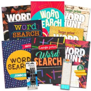 8 large print word search books for adults, seniors - set of 8 jumbo word hunt puzzle books with large print plus pen and magnifier (over 700 word find puzzles)