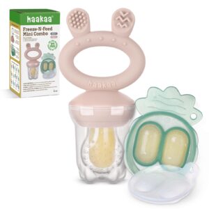 haakaa baby fruit food feeder & mini freezer nibble tray combo, breastmilk popsicle molds for baby cooling relief, bpa free silicone feeder for safe infant self feeding, 4 month+ (blush)