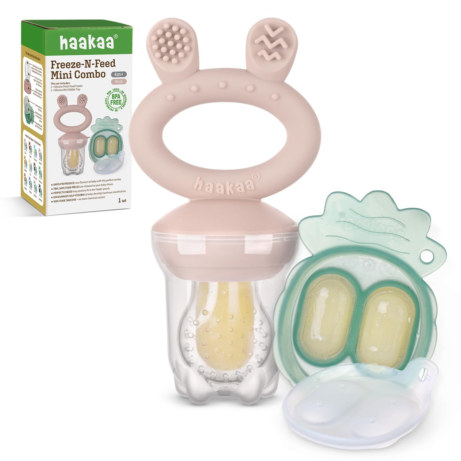 Haakaa Baby Fruit Food Feeder & Mini Freezer Nibble Tray Combo, Breastmilk Popsicle Molds for Baby Cooling Relief, BPA Free Silicone Feeder for Safe Infant Self Feeding, 4 Month+ (Blush)