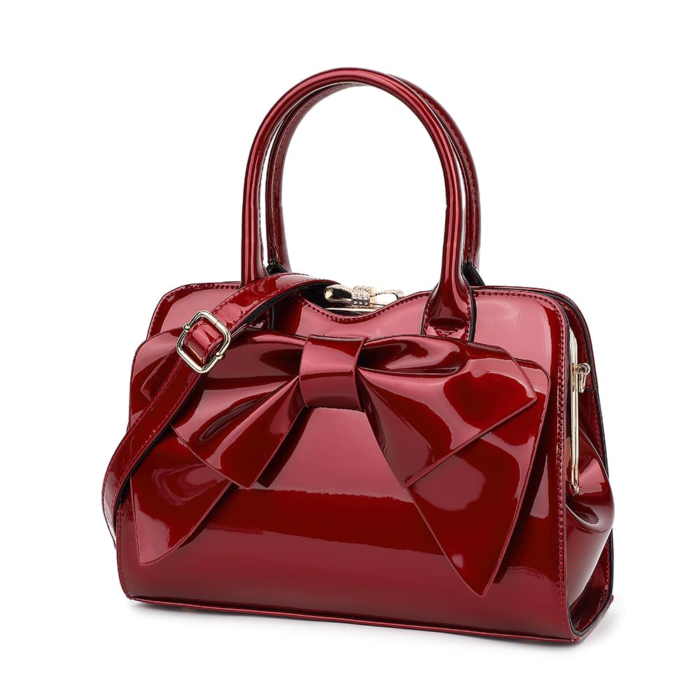 Style Strategy Red Patent Leather Bag for Women Satchel Shoulder Bags Handbag Kiss Lock Ladies Fashion Crossbody with bow tie