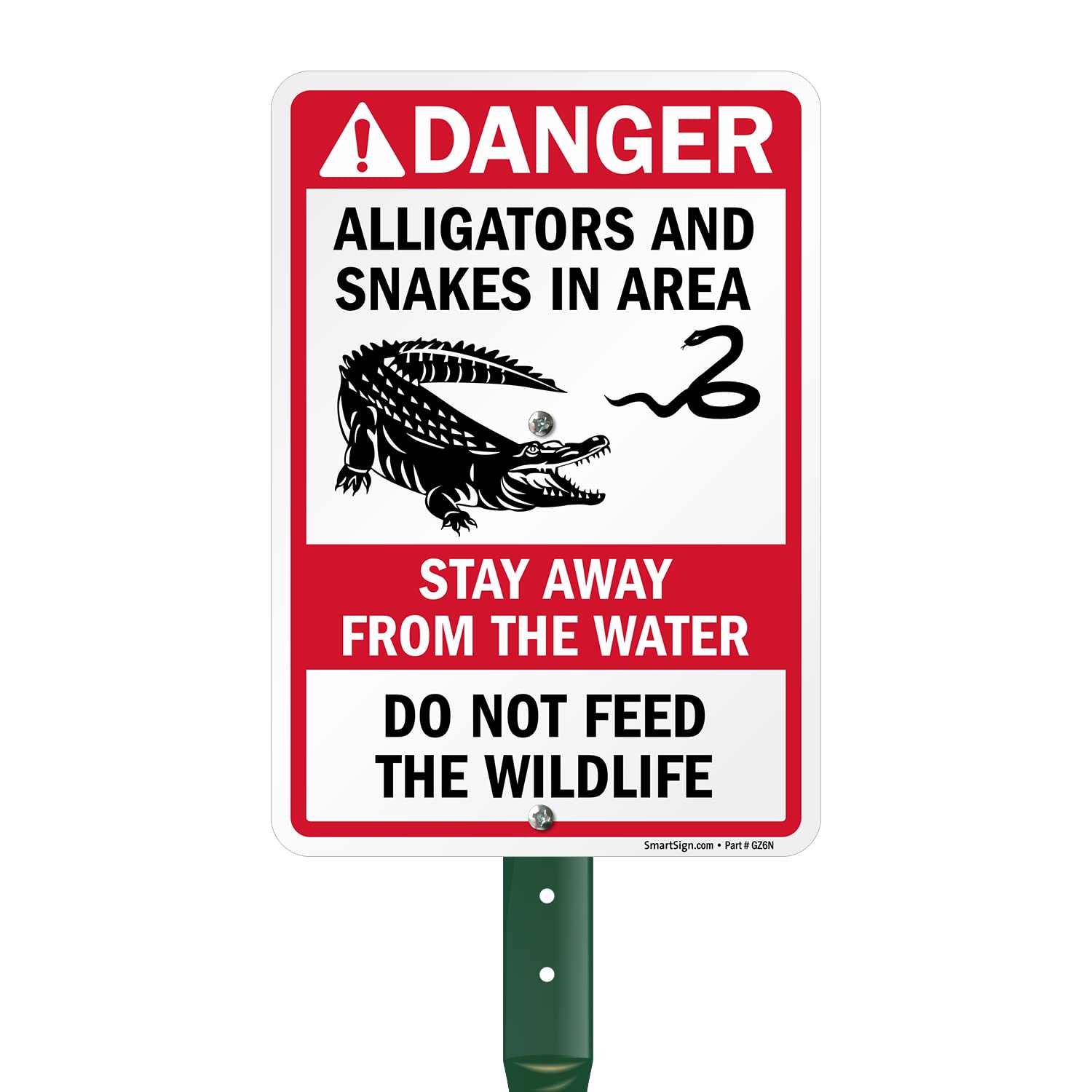 SmartSign 10 x 7 inch “Danger - Alligators And Snakes In Area - Do Not Feed Wildlife” Yard Sign with 18 inch Stake, 40 mil Laminated Rustproof Aluminum, Red/Black on White, Set of 1, Made in USA