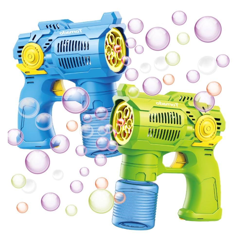 Set of Two Bubble Shooter Guns Green & Blue Bubble Blaster Toy Gun, 2 Bottles of Bubble Refill Solution and Batteries Included