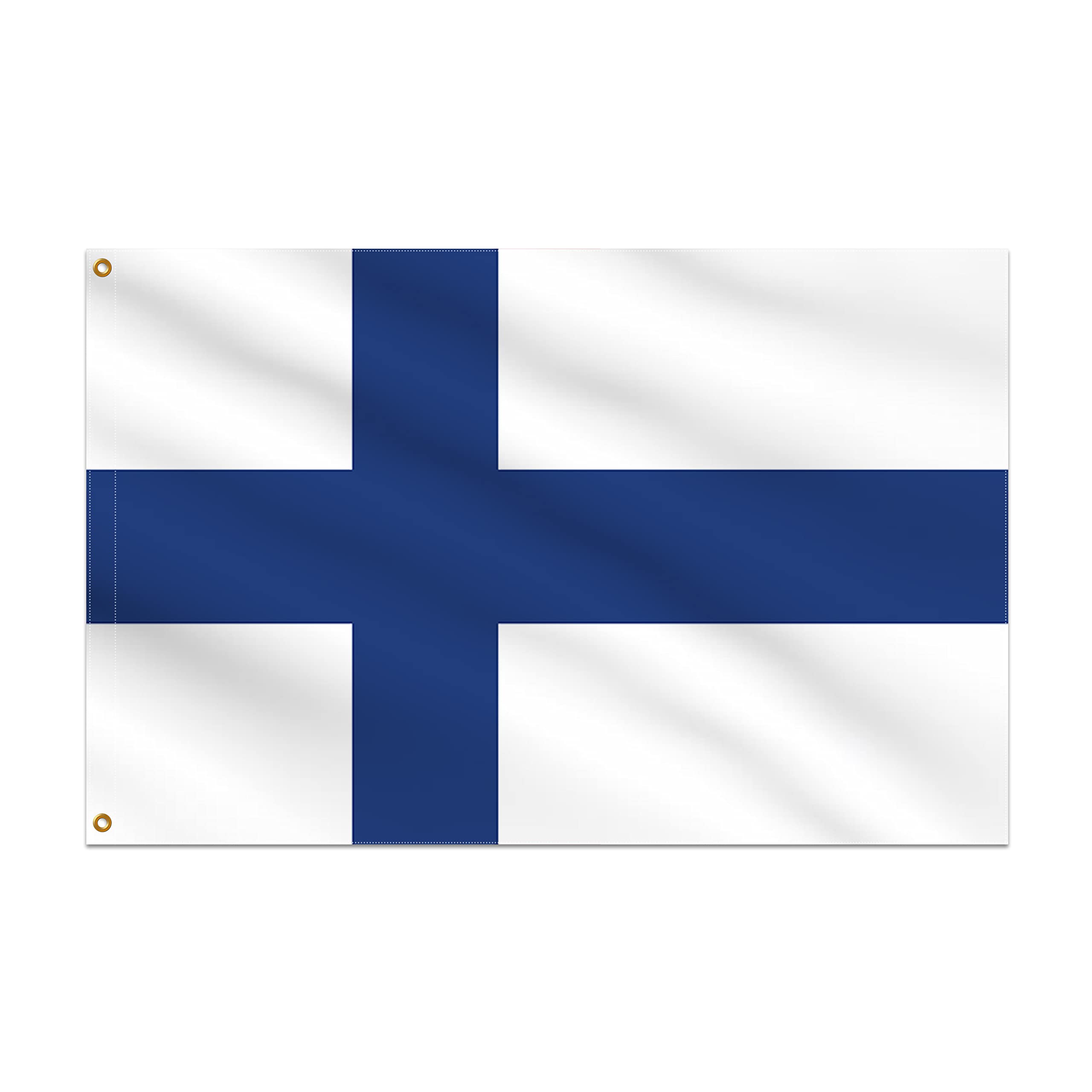 BannerBuzz Finland Flag Knitted Fabric 90 GSM - Lightweight, Bright & Vivid Colors, Brass Grommets Use for Indoor-Outdoor Purpose (9' W X 6' H)