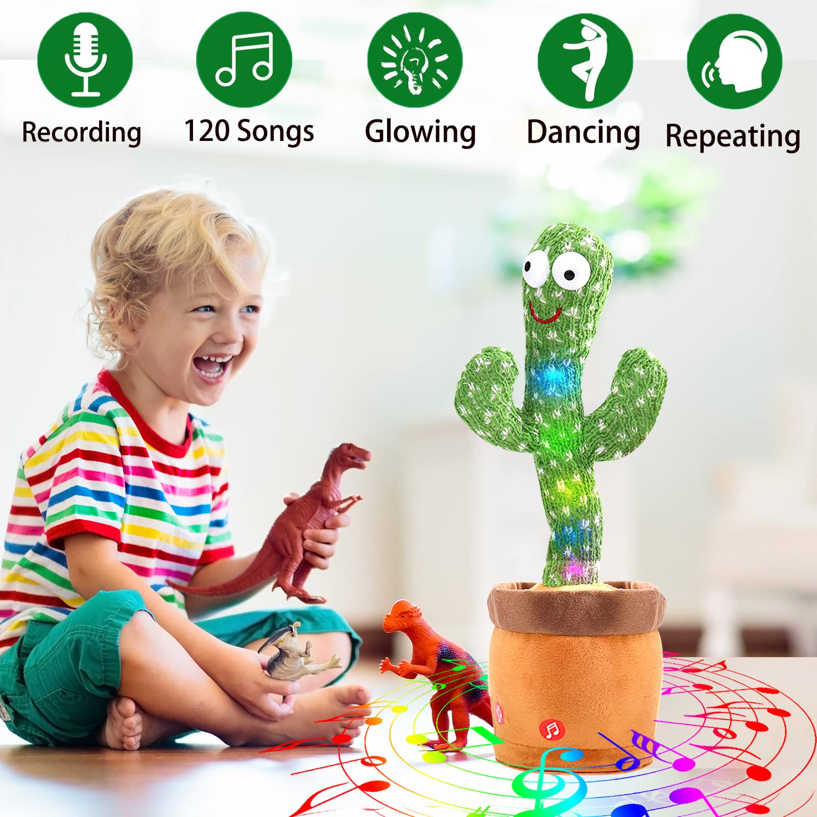 VAIZIQ Dancing Talking Cactus Toy, Talking Singing Mimicking Recording Repeating What You Say Sunny Cactus 120 English Songs Smart Toys for Baby Boys and Girls