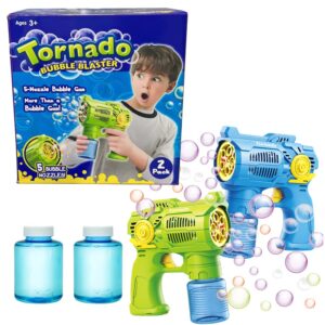 Set of Two Bubble Shooter Guns Green & Blue Bubble Blaster Toy Gun, 2 Bottles of Bubble Refill Solution and Batteries Included