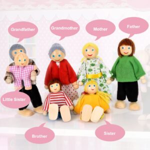 Dollhouse Furniture Wooden Doll House Furnisher 5 Set and 7 Family Dolls, Doll Wood Accessories and Furnishings for 1:12 Scale Miniature Dollhouse, Family Figures Pretend Play Toy