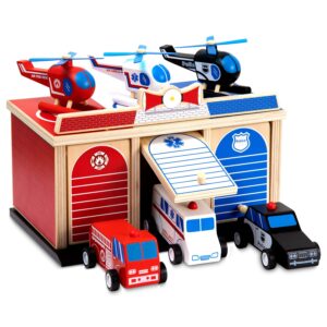 rescue station kids playset - 2-level, 3-bay parking garage toy set with fire truck, ambulance, police car, and 3 rescue helicopters - wooden toy rescue vehicles for kids ages 3 and up