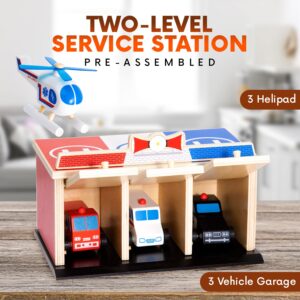 Rescue Station Kids Playset - 2-Level, 3-Bay Parking Garage Toy Set with Fire Truck, Ambulance, Police Car, and 3 Rescue Helicopters - Wooden Toy Rescue Vehicles for Kids Ages 3 and Up