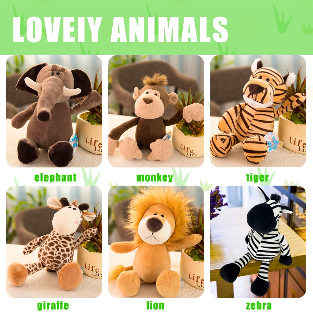 6 Pieces Plushies 11.8 inch Safari Stuffed Animals Plush Toy Set Lion Tiger Elephant Zebra Giraffe Monkey Animal Themed Parties Wild Animals Soft Plush Toys for Boys, Girls, Adults