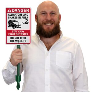 SmartSign 10 x 7 inch “Danger - Alligators And Snakes In Area - Do Not Feed Wildlife” Yard Sign with 18 inch Stake, 40 mil Laminated Rustproof Aluminum, Red/Black on White, Set of 1, Made in USA