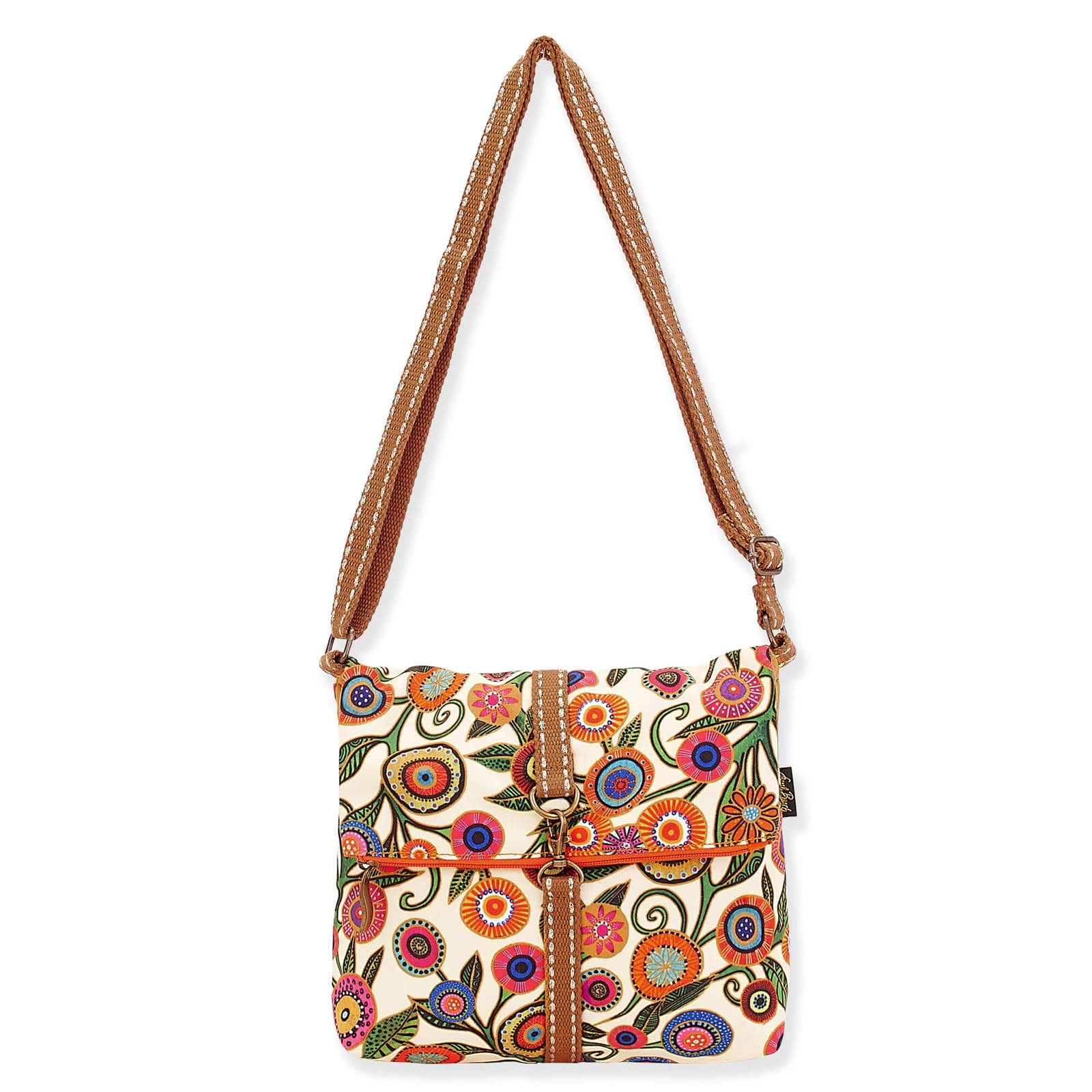 Sun 'N' Sand Laurel Burch Fiesta Florals Flapover Crossbody Shoulder Bag Purse - Women Cotton Canvas Flower Handbag Multicolor