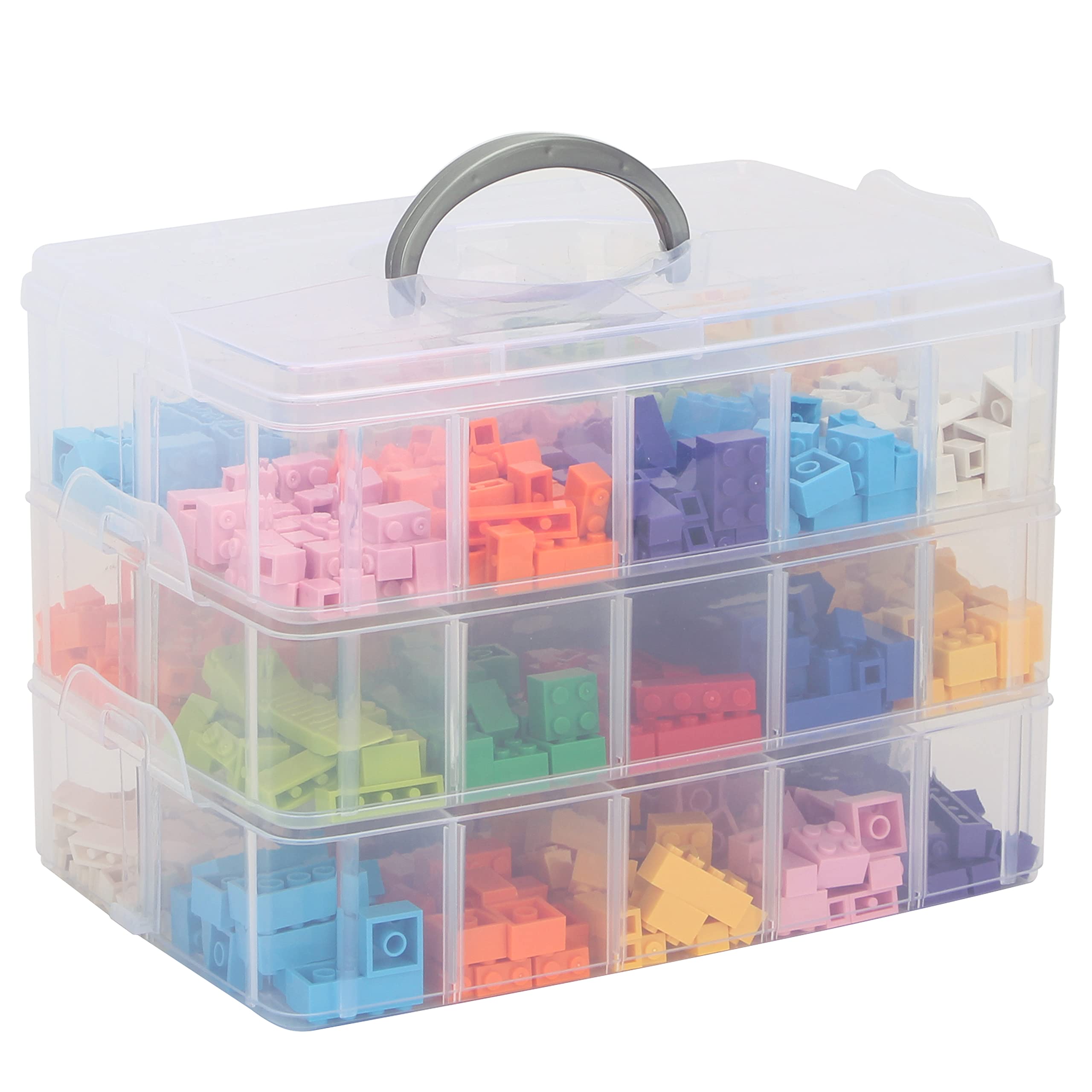 KISLANE 3-Tier Stackable Storage Box with 30 Compartments Compatible with Lego Bricks, Building Bricks, Plastic Storage Box for Building Bricks, Kids Toy and More (Transparent White)