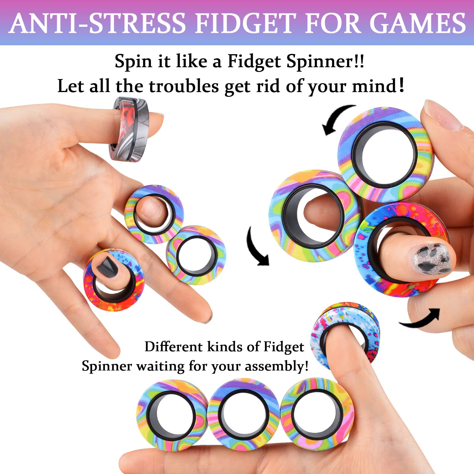 9Pcs Magnetic Rings Fidget Toy Set, ADHD Anxiety Magnetic Fidget Toys Adults Fidget Spinner Rings for Relief, Gifts for 8+ Year Old Teen Boy Girl