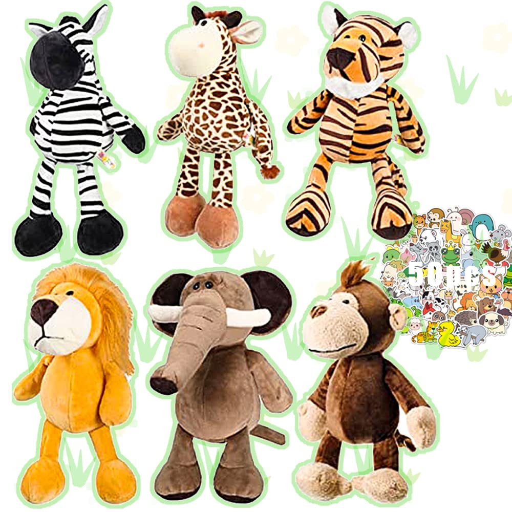 6 Pieces Plushies 11.8 inch Safari Stuffed Animals Plush Toy Set Lion Tiger Elephant Zebra Giraffe Monkey Animal Themed Parties Wild Animals Soft Plush Toys for Boys, Girls, Adults