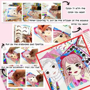 Premium K-Idol Makeup Fashion Sticker Book, Makeup & Hair Design Portfolio Beginner Learning Girls Sketch Book, Coloring Book Crayons Age 6-12, Arts and Crafts Kids Paper Dolls Fashion Design kit