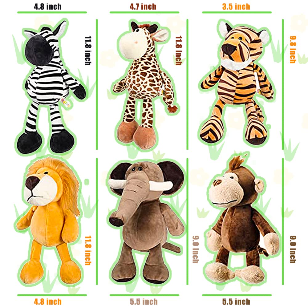 6 Pieces Plushies 11.8 inch Safari Stuffed Animals Plush Toy Set Lion Tiger Elephant Zebra Giraffe Monkey Animal Themed Parties Wild Animals Soft Plush Toys for Boys, Girls, Adults