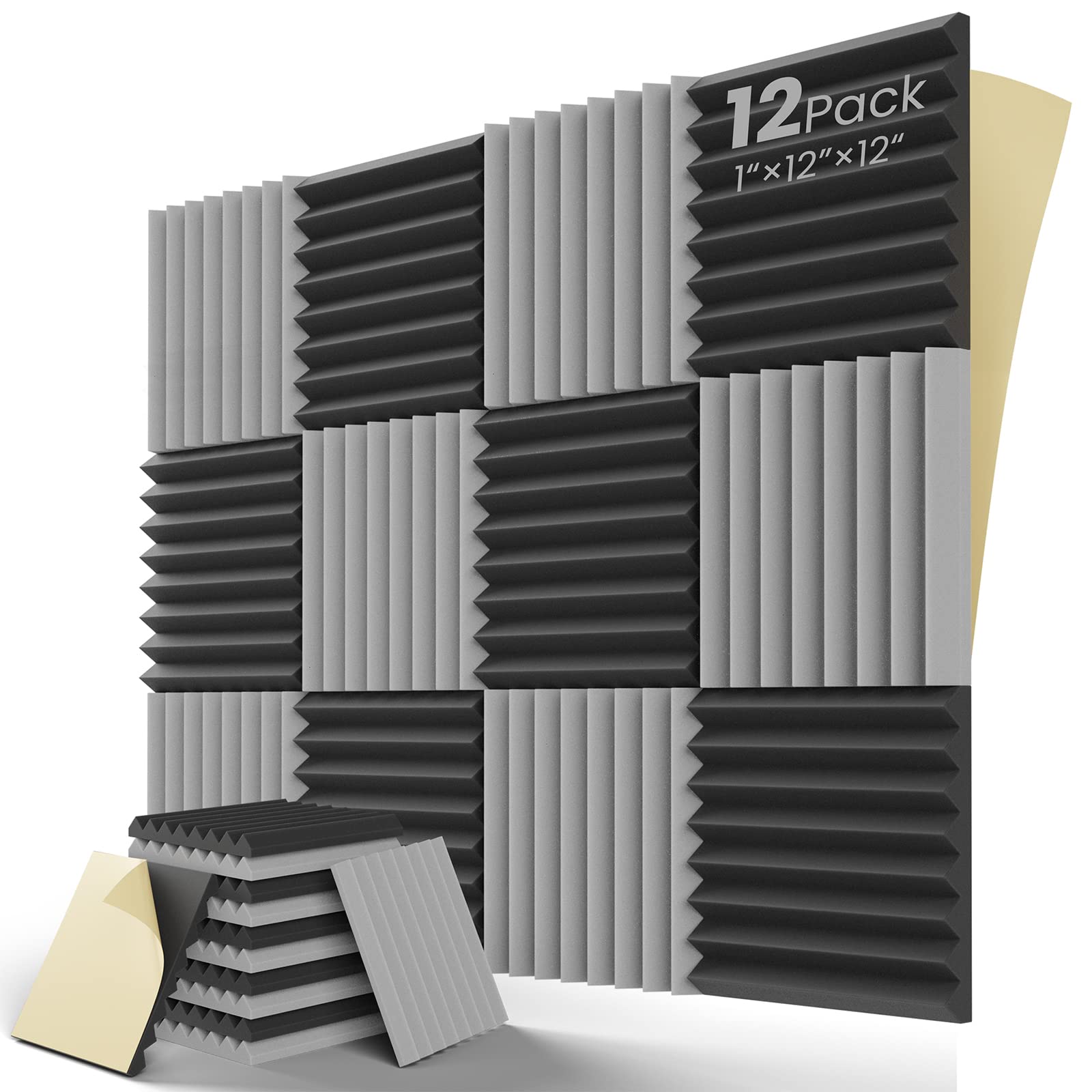 LEIYER Upgrade 12 Pack Sound Proof Foam Panels with Self-Adhesive, 1" X 12" X 12" Quick-Recovery Acoustic Panels, Acoustic Foam Wedges High Density (12pcs,Black-Gray)