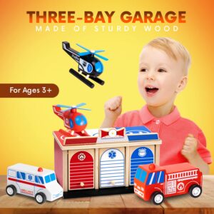 Rescue Station Kids Playset - 2-Level, 3-Bay Parking Garage Toy Set with Fire Truck, Ambulance, Police Car, and 3 Rescue Helicopters - Wooden Toy Rescue Vehicles for Kids Ages 3 and Up