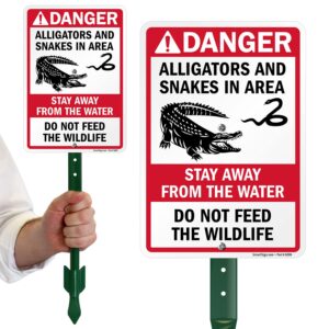 SmartSign 10 x 7 inch “Danger - Alligators And Snakes In Area - Do Not Feed Wildlife” Yard Sign with 18 inch Stake, 40 mil Laminated Rustproof Aluminum, Red/Black on White, Set of 1, Made in USA