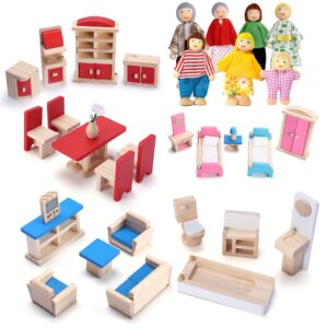 Dollhouse Furniture Wooden Doll House Furnisher 5 Set and 7 Family Dolls, Doll Wood Accessories and Furnishings for 1:12 Scale Miniature Dollhouse, Family Figures Pretend Play Toy