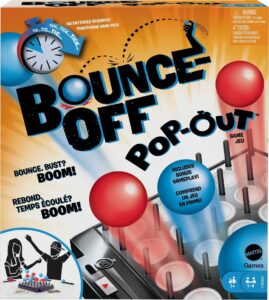 mattel games bounce-off pop-out party game for kids, adults and family night, bounce fast or balls go flying for 1-4 players