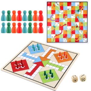 2 in 1 Snakes and Ladders, Ludo Game Set, 12 x 12 Inch Ludo Board Game 2-4 Players Family Dice Games Set Classic Double Sided Game Board for Adults and Teens, with 2 Wooden Dices and 16 Game Pieces