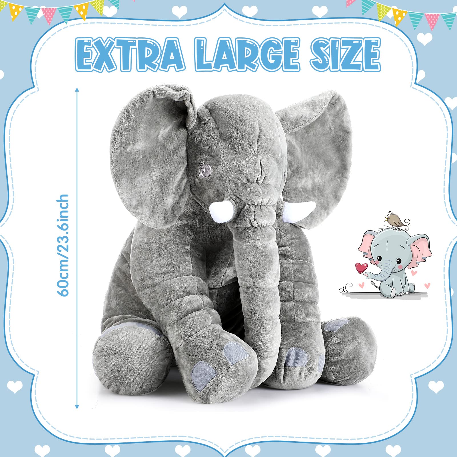 Yulejo Giant Stuffed Elephant Plush Animal Toy Back to School Party Favor Huge Stuffed Elephant Soft Elephant Large Stuffed Animal Doll Gray Elephant Plush for Kids Girlfriend Home Decor(23.6 Inch)