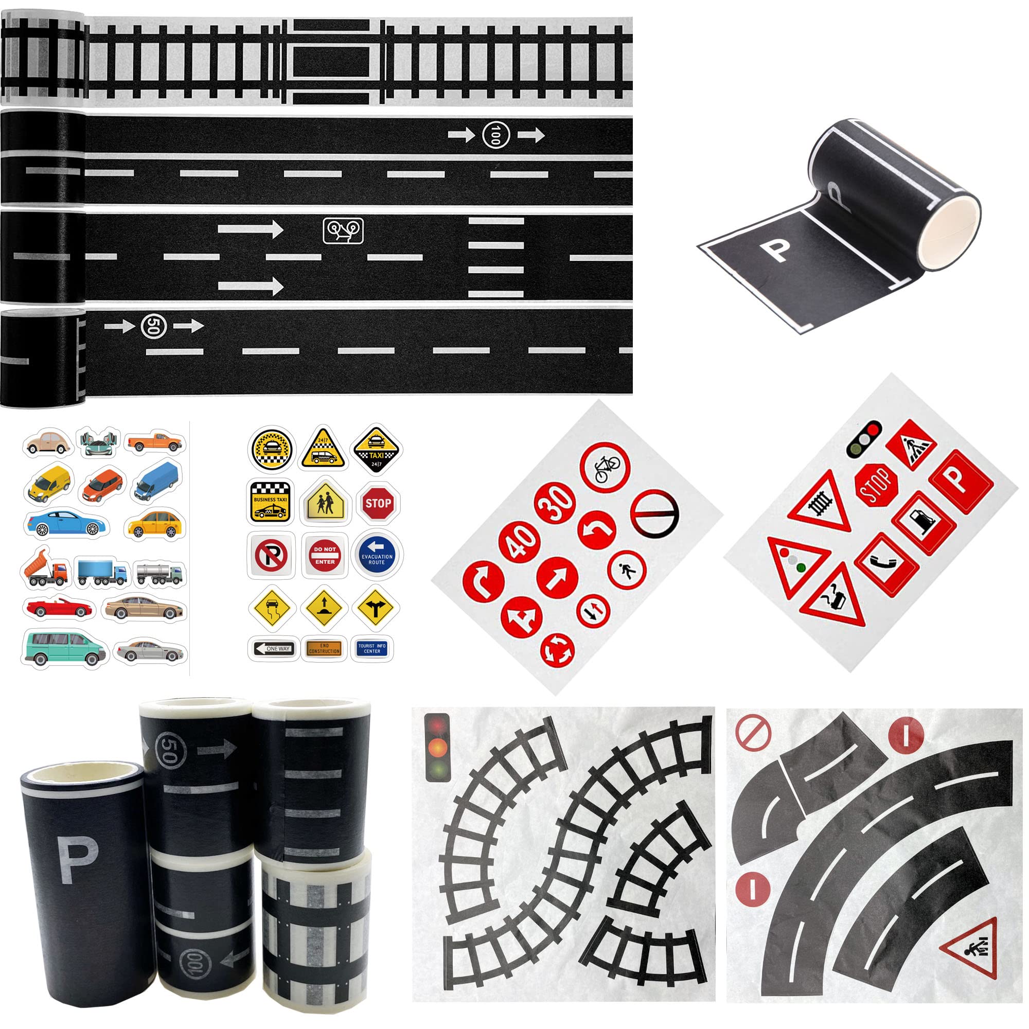 Cayway 10 Pieces Road Tape DIY Traffic Sign Set, Trains Railways Train Track Model Traffic Washi Tape Car Stickers Road Sticker Rolls for Toy Cars