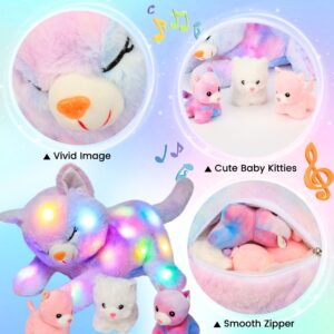 Hopearl LED Musical Stuffed Cat Lighting Up Singing Plush Toy Playset Mommy Cat with 3 Baby Kittens in her Tummy Lullaby Animated Soothe for Mom Kids Toddler Girls, Rainbow, 18''