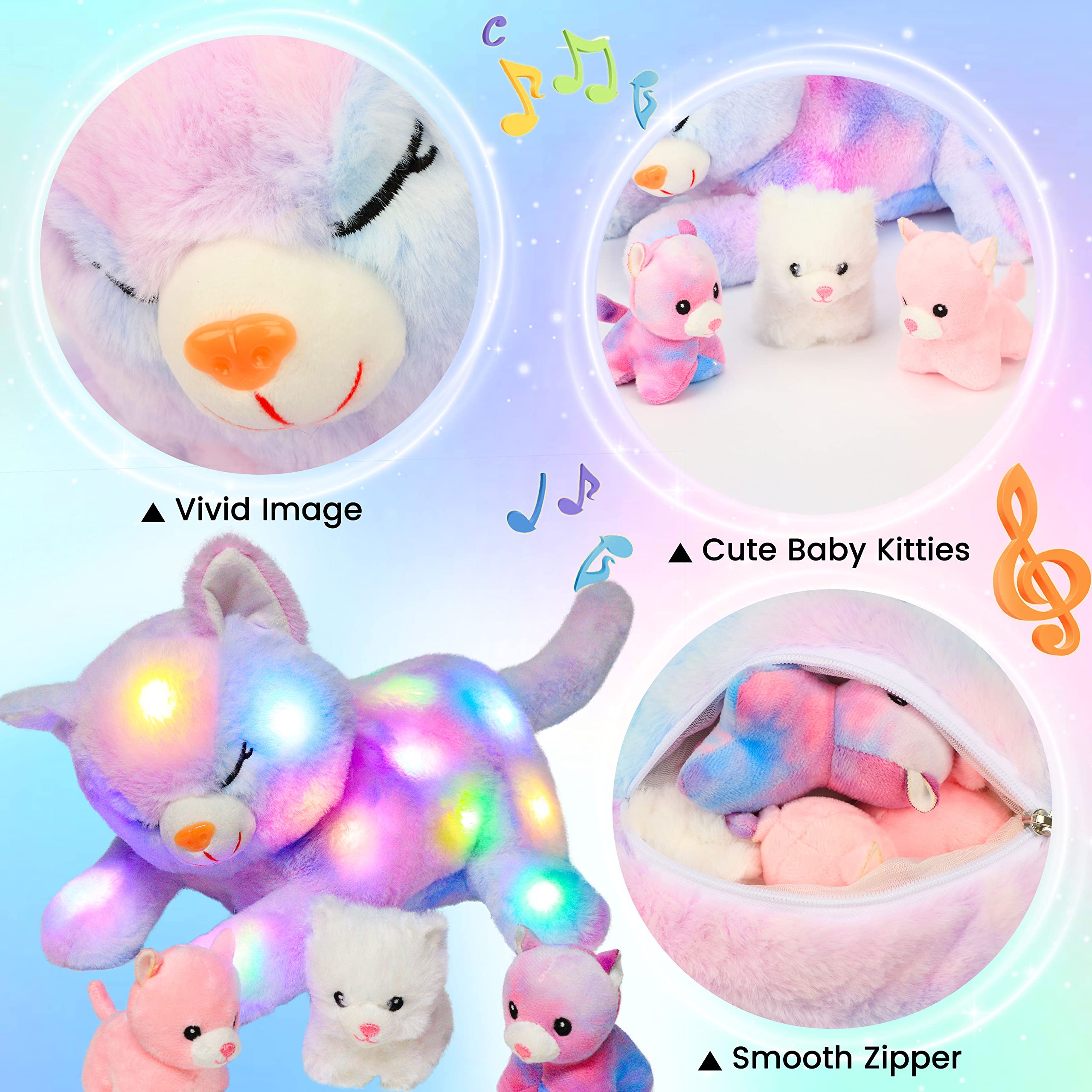 Hopearl LED Musical Stuffed Cat Lighting Up Singing Plush Toy Playset Mommy Cat with 3 Baby Kittens in her Tummy Lullaby Animated Soothe for Mom Kids Toddler Girls, Rainbow, 18''