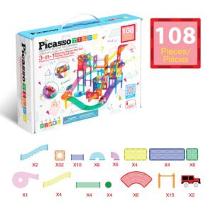 PicassoTiles 108pc 3-in-1 Marble Run Car Race Track Combo Magnetic Tiles PicassoToys Magnet Building Block Educational Construction Toy Playset STEM STEAM Learning Kit Child Brain Development PTG108