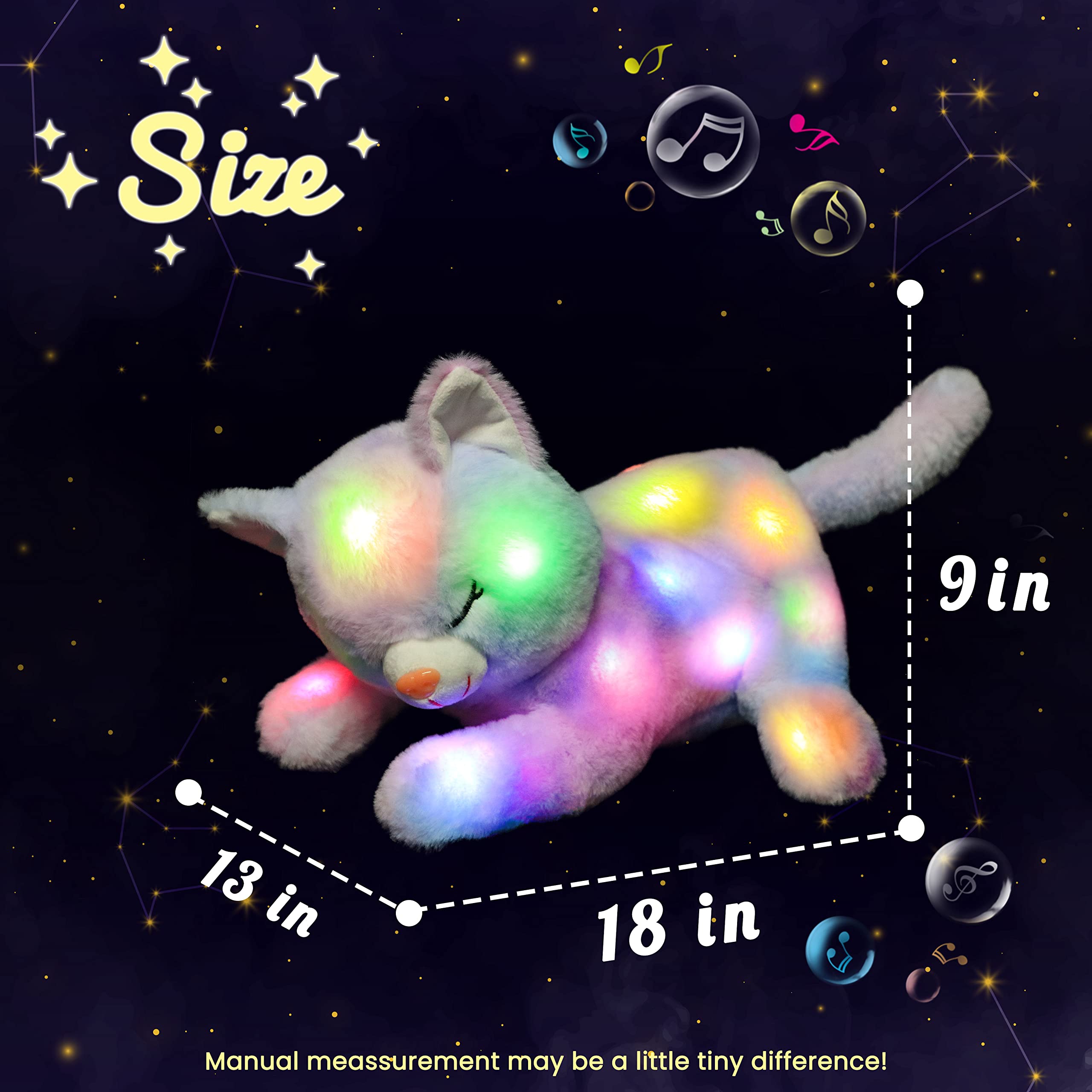 Hopearl LED Musical Stuffed Cat Lighting Up Singing Plush Toy Playset Mommy Cat with 3 Baby Kittens in her Tummy Lullaby Animated Soothe for Mom Kids Toddler Girls, Rainbow, 18''