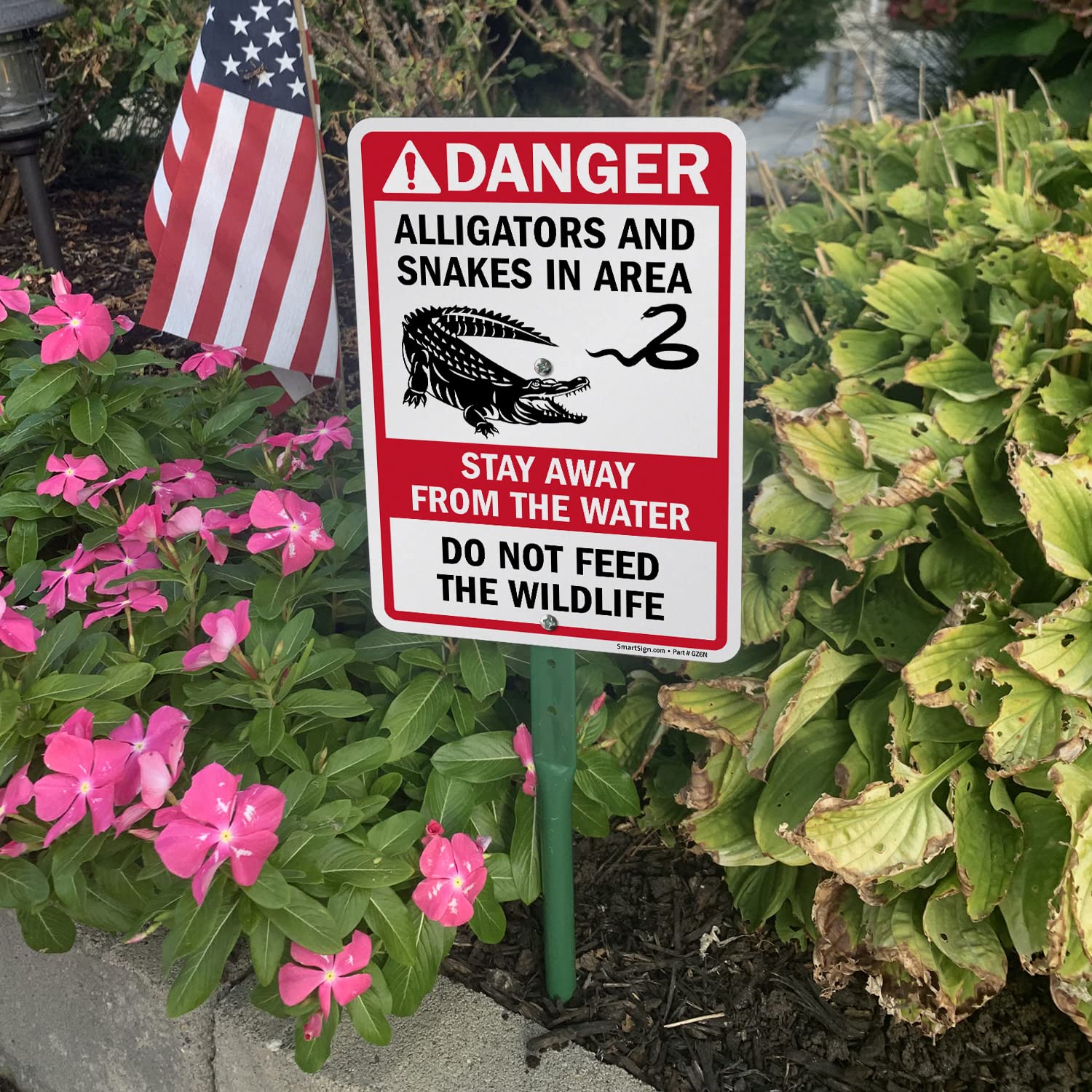 SmartSign 10 x 7 inch “Danger - Alligators And Snakes In Area - Do Not Feed Wildlife” Yard Sign with 18 inch Stake, 40 mil Laminated Rustproof Aluminum, Red/Black on White, Set of 1, Made in USA