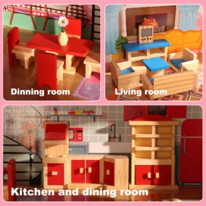 Dollhouse Furniture Wooden Doll House Furnisher 5 Set and 7 Family Dolls, Doll Wood Accessories and Furnishings for 1:12 Scale Miniature Dollhouse, Family Figures Pretend Play Toy