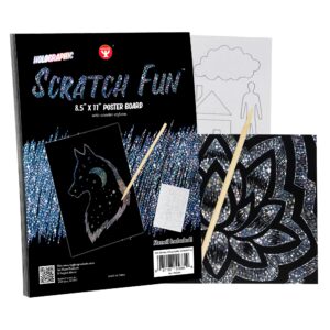 hygloss products fun, black matte scratch art set for kids, kit includes 100 silver holographic papers, 8.5 x 11 inches and 20 wooden stylus sticks