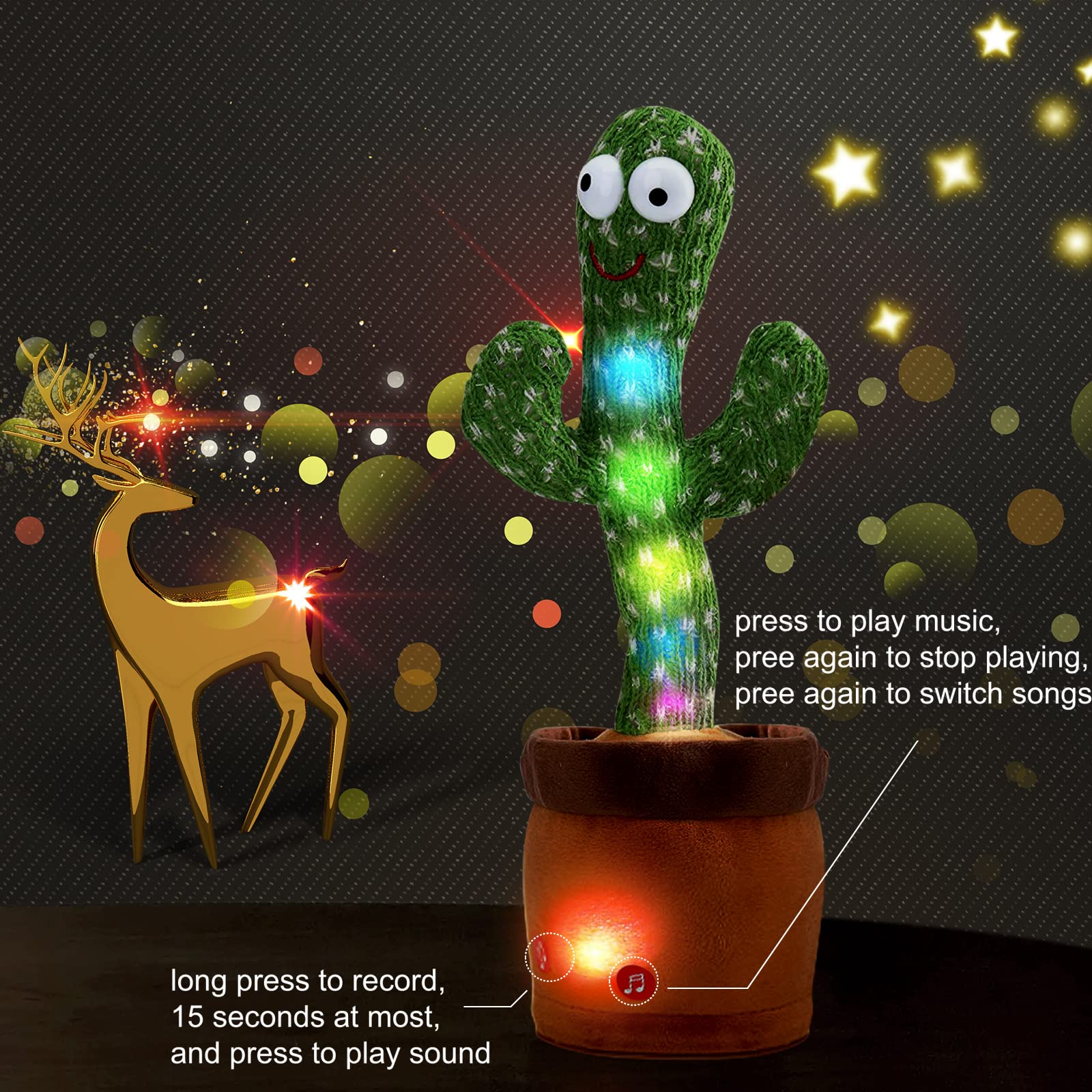 VAIZIQ Dancing Talking Cactus Toy, Talking Singing Mimicking Recording Repeating What You Say Sunny Cactus 120 English Songs Smart Toys for Baby Boys and Girls