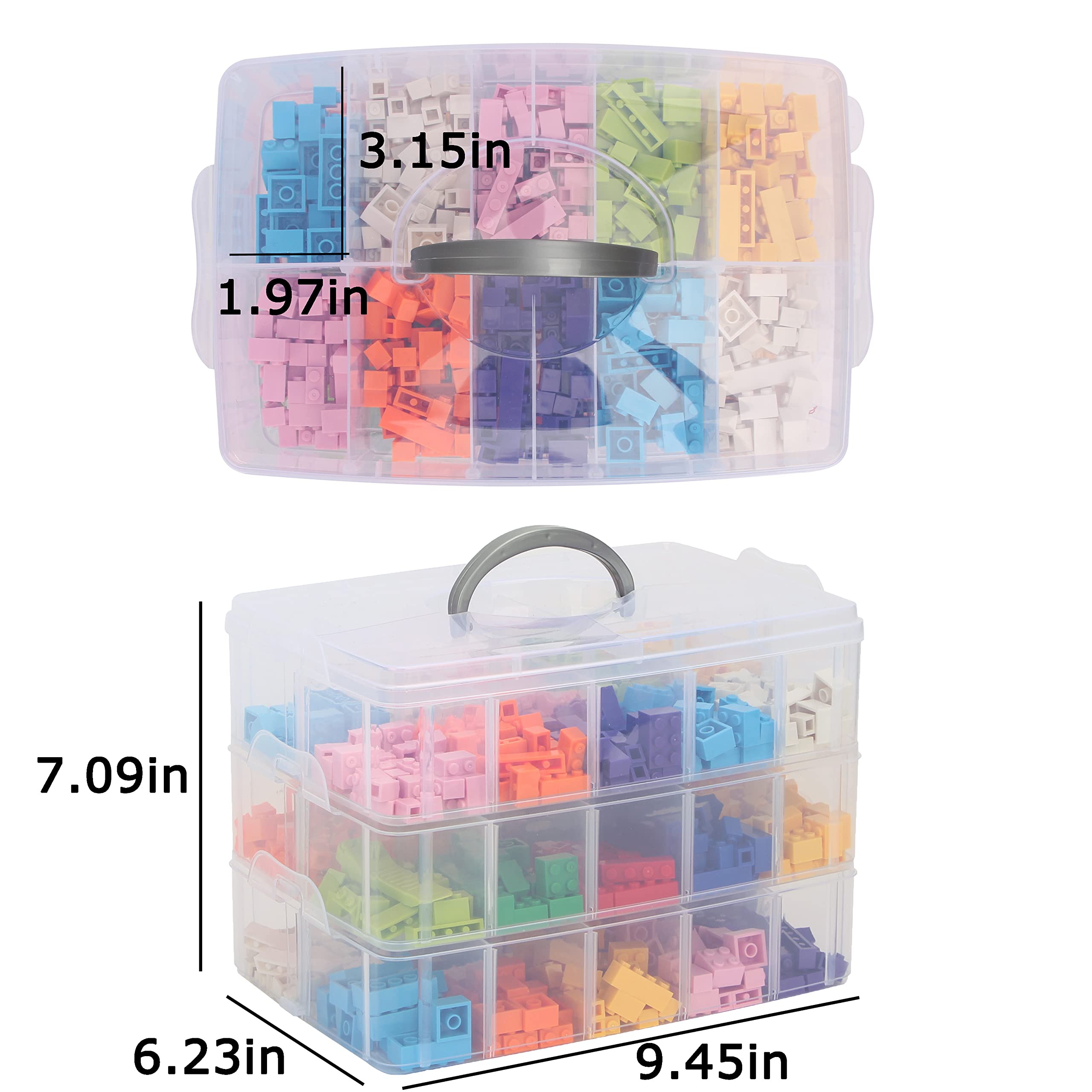 KISLANE 3-Tier Stackable Storage Box with 30 Compartments Compatible with Lego Bricks, Building Bricks, Plastic Storage Box for Building Bricks, Kids Toy and More (Transparent White)