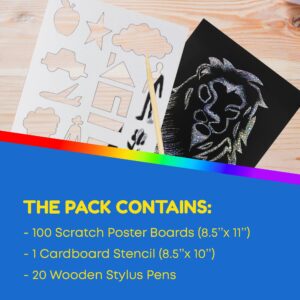 Hygloss Products Fun, Black Matte Scratch Art Set for Kids, Kit Includes 100 Silver Holographic Papers, 8.5 x 11 Inches and 20 Wooden Stylus Sticks