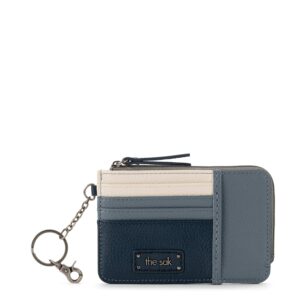 the sak iris wallet in leather, elevated card holder with keychain, dusty blue block