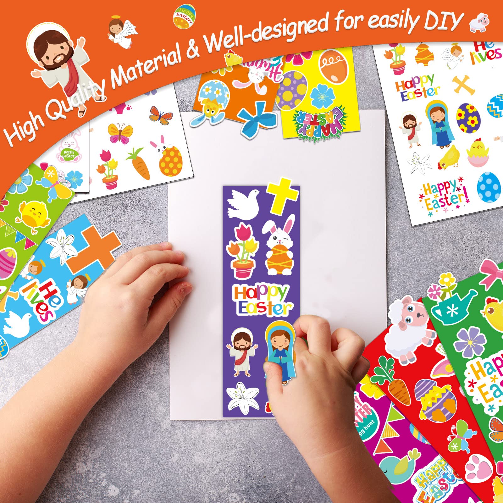 48Pcs Easter Paper Craft Kids DIY Bookmarks Art Craft Kit with Easter Egg Bunny Jesus Cross Stickers, Easter Home School Classroom Game Activities Party Decoration Gift Favor