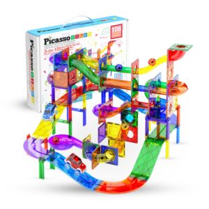 picassotiles 108pc 3-in-1 marble run car race track combo magnetic tiles picassotoys magnet building block educational construction toy playset stem steam learning kit child brain development ptg108