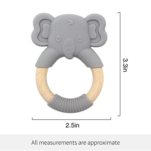 Animal Shape Baby Teething Toys, Teething Toys for Babies 12+ Months, Natural Wooden Teething Ring, Food-Grade Silicone, for Baby Teething Relief & Sensory Exploration, Easy to Grip (Elephant)